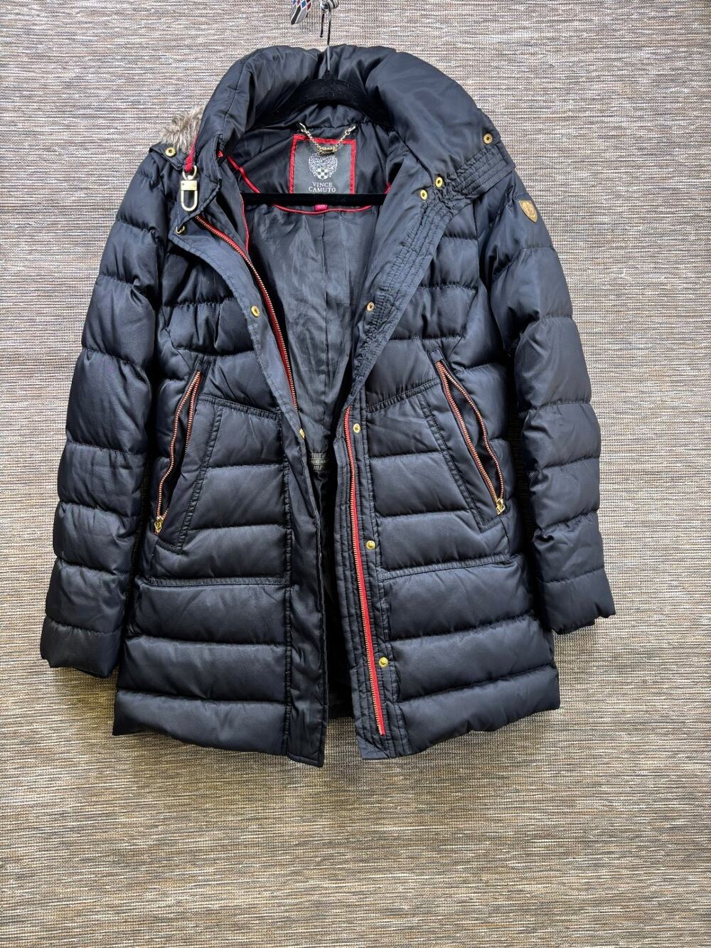 Vince Camuto Winter Jacket Womens Size P/S Navy Blue Full Zip Faux Fur Hooded
